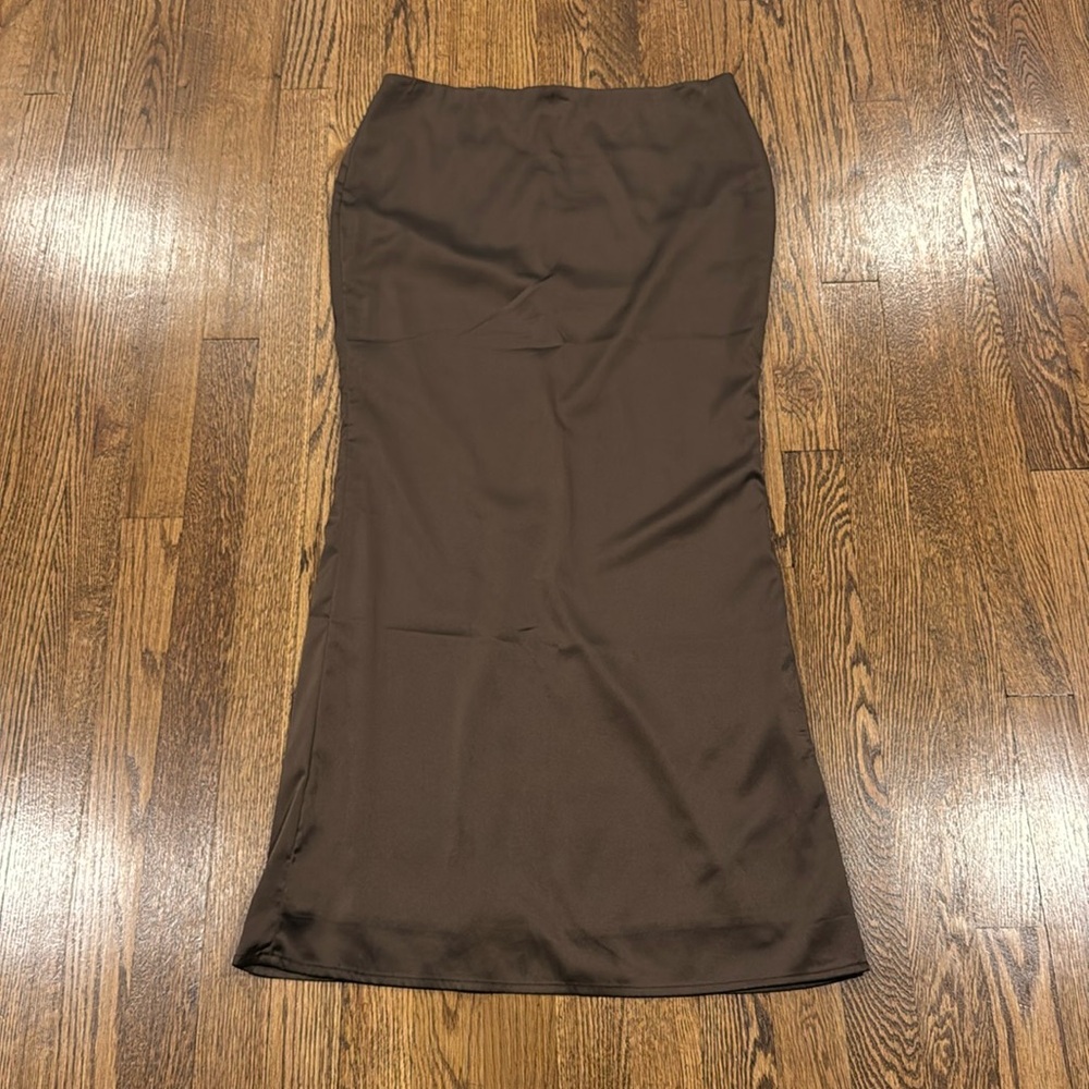 Edikted brown satin low rise maxi skirt satin and lined size medium